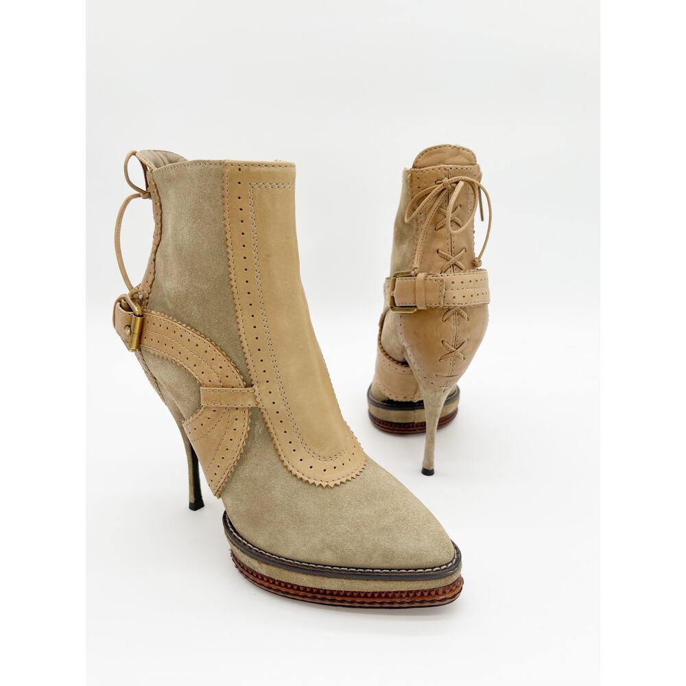 Dior Fall 2010 Runway Beige Suede Lace Up Equestrian Platform Ankle Boots EU 37